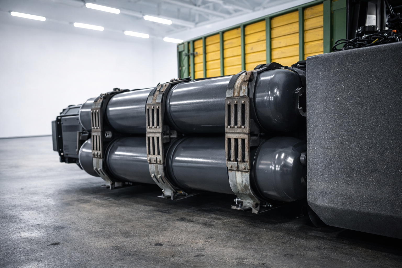 Industrial CNG cylinder installation on heavy equipment, demonstrating professional alternative fuel integration